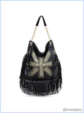 PU Leather Large Fringe Hobo Bag Studded Handbag Women